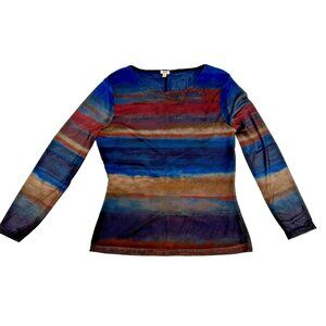 New Reba Striped Watercolor Brown Blue Mesh Top Short Sleeves Womens Size Medium